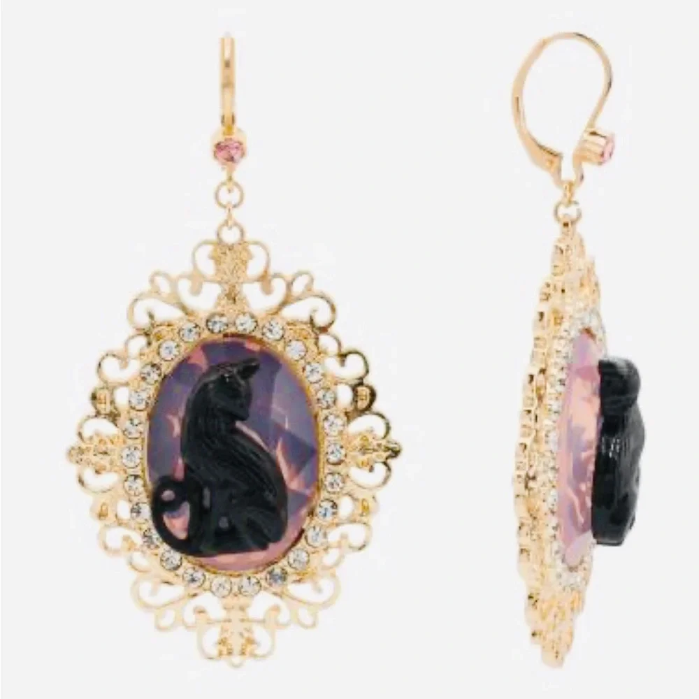 Authentic Betsey Johnson Earrings - Black Cat Gold Filigree Rhinestone Goth NWT